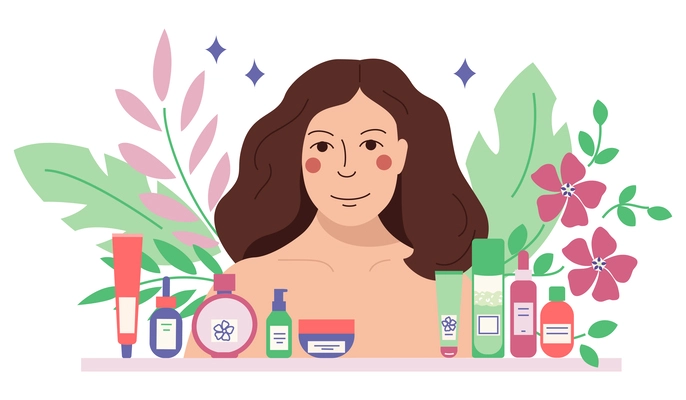 Woman body beauty care flat background with composition of female character and cosmetic products on shelf vector illustration