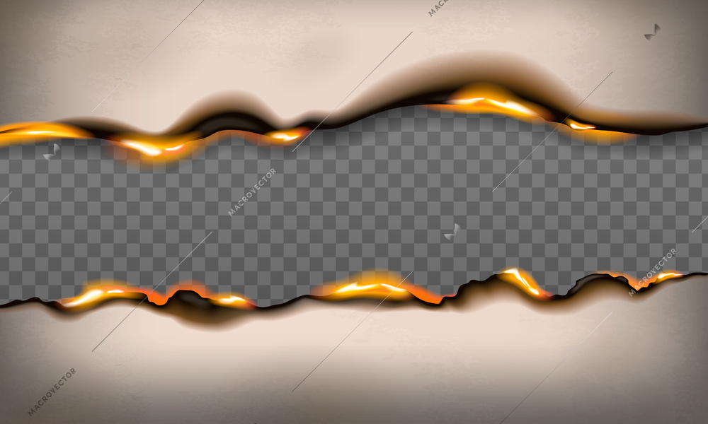 Burnt paper realistic set with isolated upper and lower borders of burning sheet on transparent background vector illustration