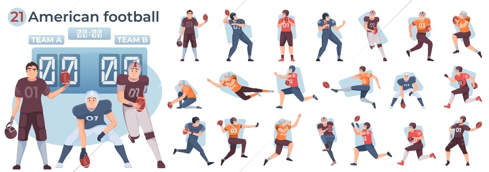 American football set of flat compositions with male players with ball isolated on white background vector illustration