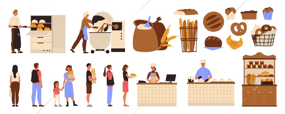 Bakery icon set bakers standing in the kitchen salesmen in bakery selling baked goods different kinds of bread and baked rolls vector illustration