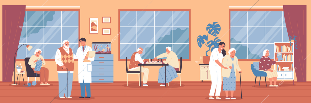 Flat nursing home composition room in a nursing home where everyone goes about their business and doctors and nurses provide medical care to those in need vector illustration