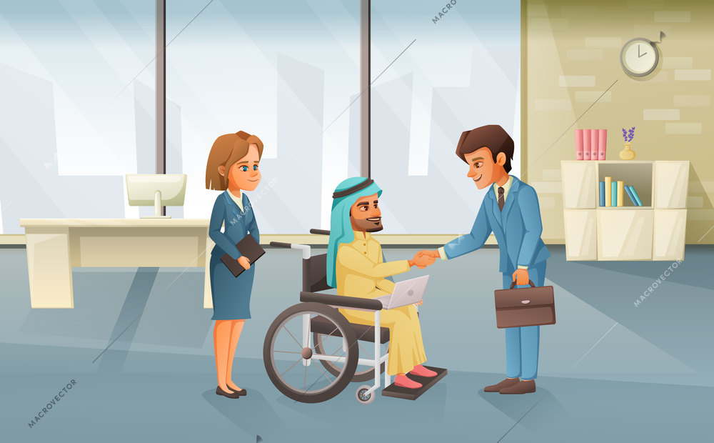 Cartoon disabled arab man in wheelchair shaking hands with office worker vector illustration