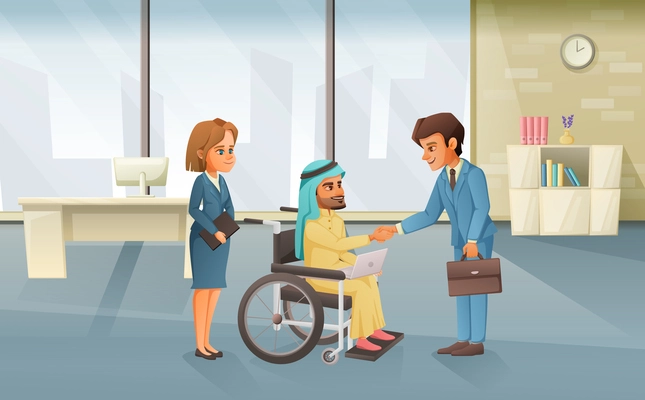 Cartoon disabled arab man in wheelchair shaking hands with office worker vector illustration