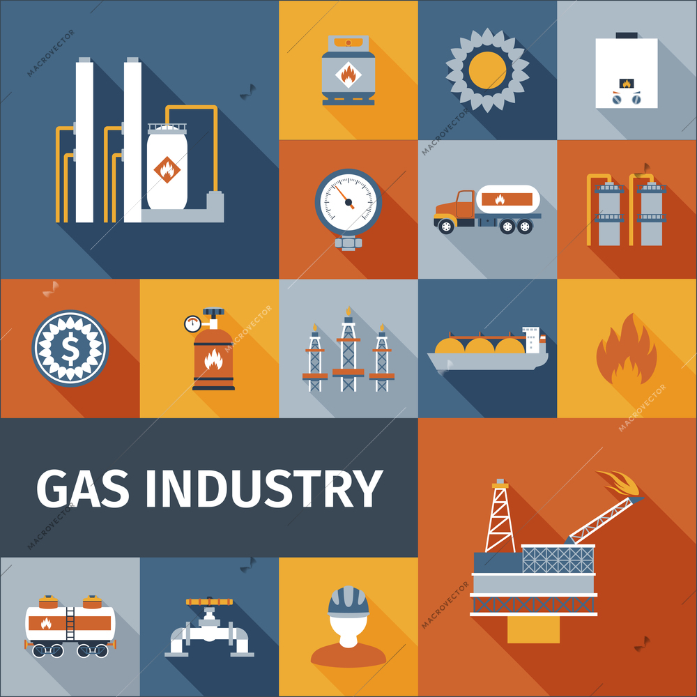 Gas industry renewable eco fuel icon flat set isolated vector illustration