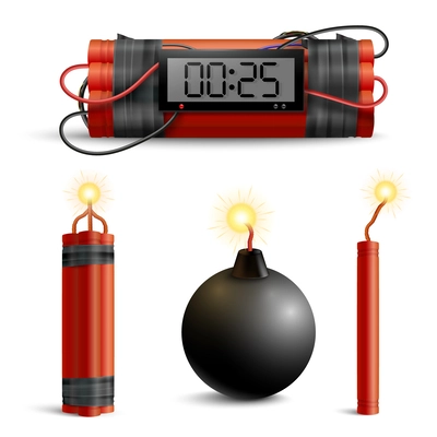 Dynamite bomb realistic set of isolated images with self made bombs explosive sticks and vintage ball vector illustration