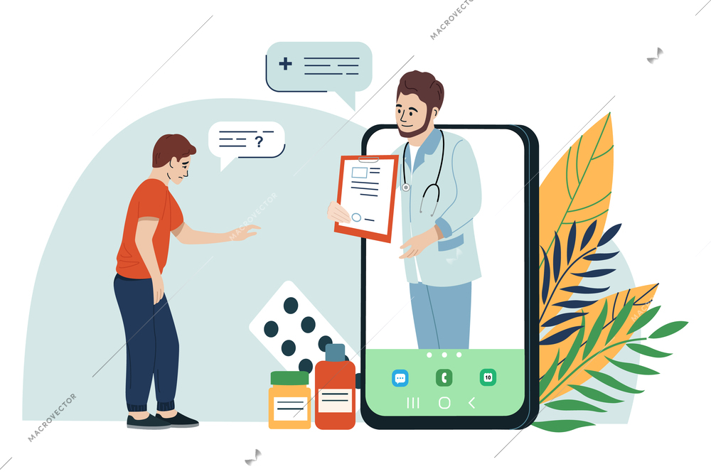 Man urology flat composition with characters of patient taking medicine prescription pills from doctor in smartphone vector illustration