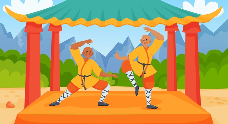 Fighters flat composition with human characters of two fighters in gazebo with outdoor scenery and mountains vector illustration