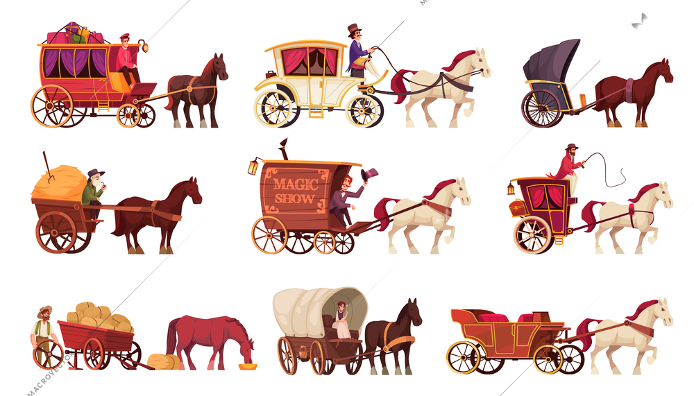 Horse drawn vehicles cartoon set of animal in harness to work on ranch or transportation of people isolated vector illustration