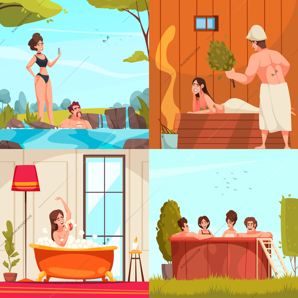 Bathing 2x2 design concept with people relaxing in thermal waters sauna and home bathroom cartoon vector illustration