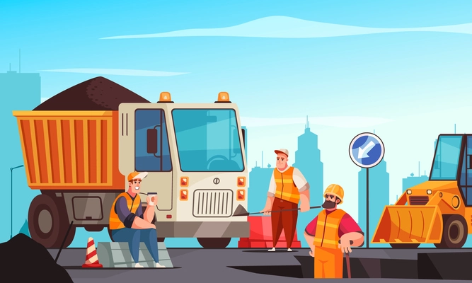 Road repair cartoon background with machinery and brigade of road workers in uniform flat vector illustration