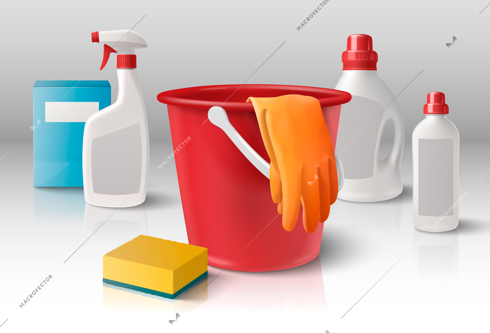 Household cleaning products composition with realistic detergent bottles and plastic bucket vector illustration