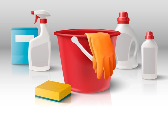 Household cleaning products composition with realistic detergent bottles and plastic bucket vector illustration