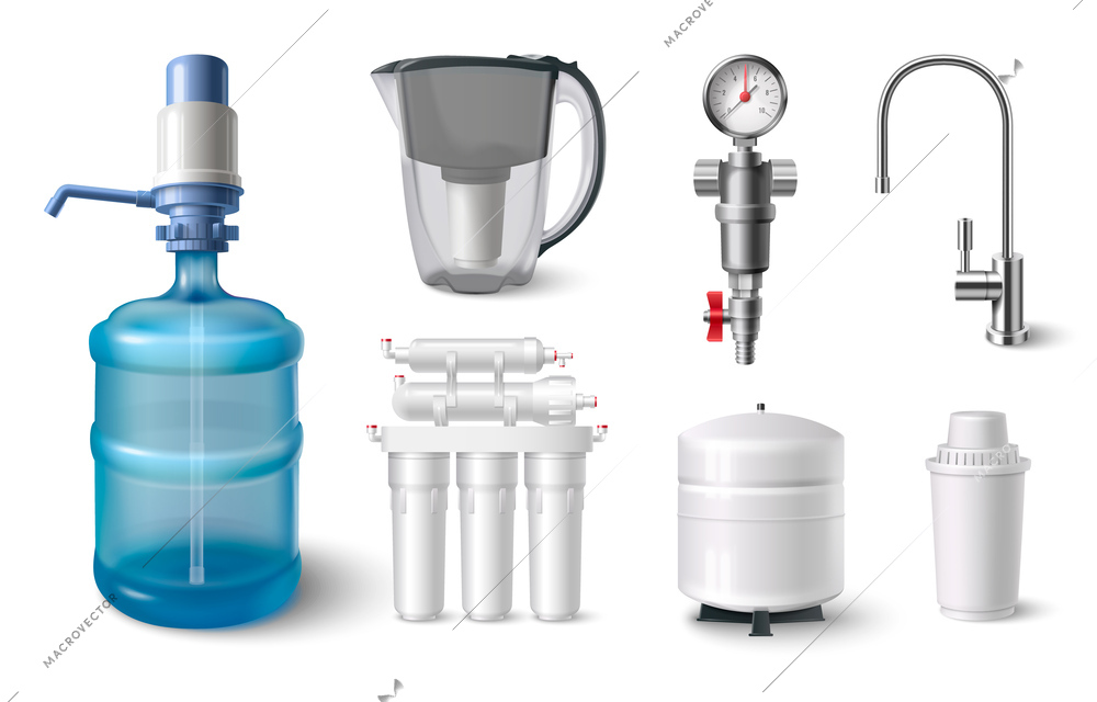 Water filter realistic set with pitcher and faucet isolated vector illustration