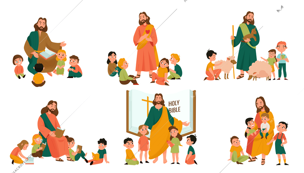 Jesus Christ and kids set with Bible flat isolated vector illustration