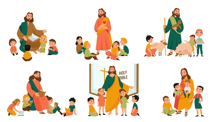 Jesus Christ and kids set with Bible flat isolated vector illustration