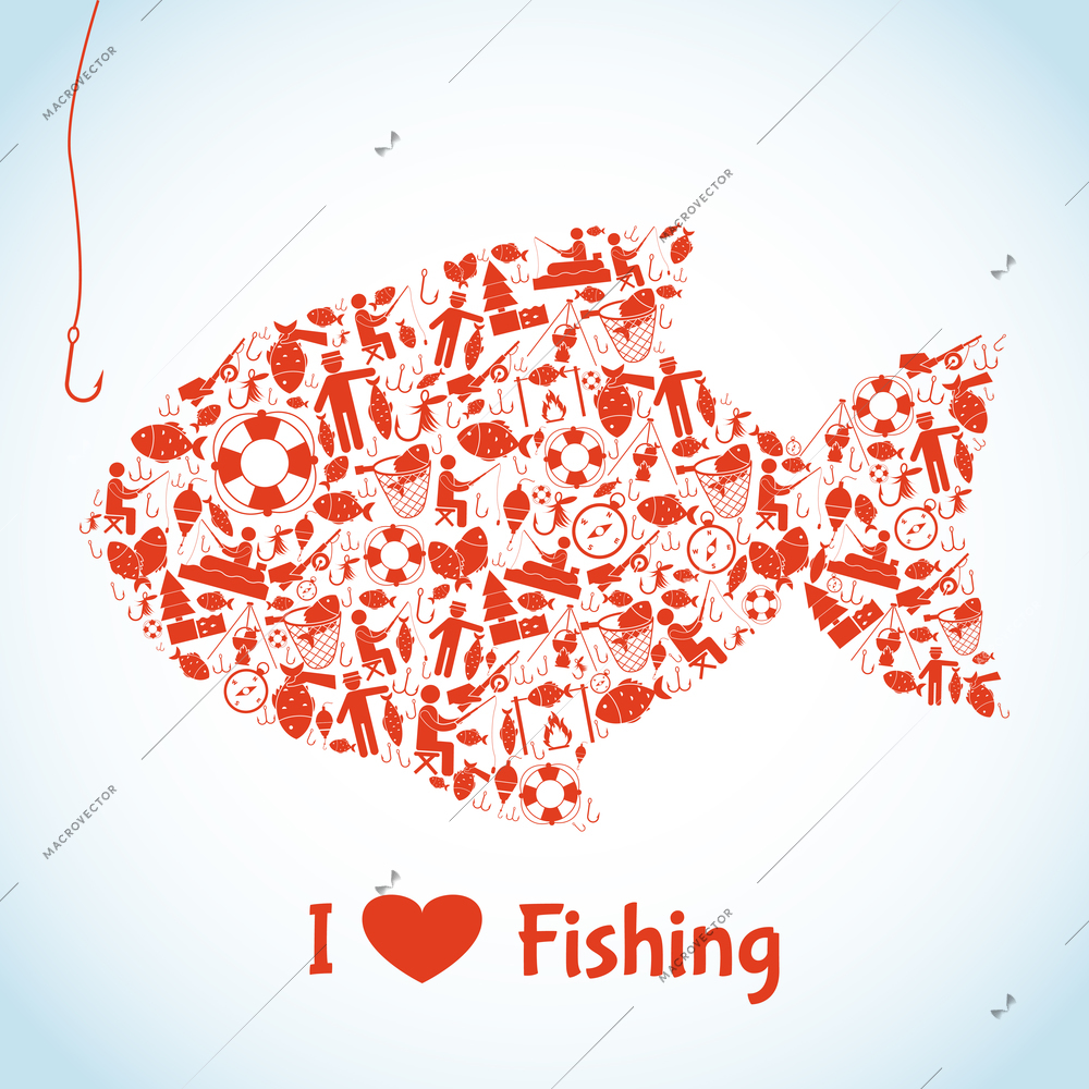 Love fishing concept with outdoor activity icons in fish shape vector illustration