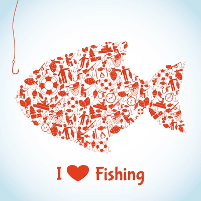 Love fishing concept with outdoor activity icons in fish shape vector illustration