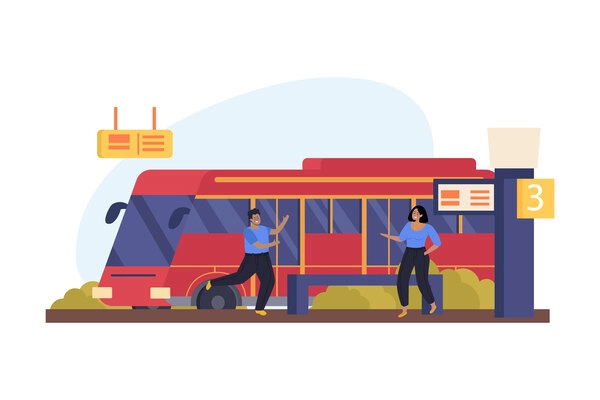 Public city transport flat background with arriving bus and two people at stop vector illustration