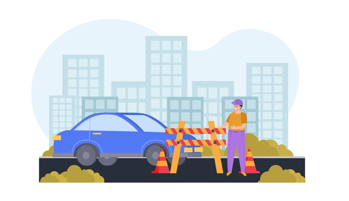 Workplace safety composition with male character standing near road barrier with cityscape in background flat vector illustration