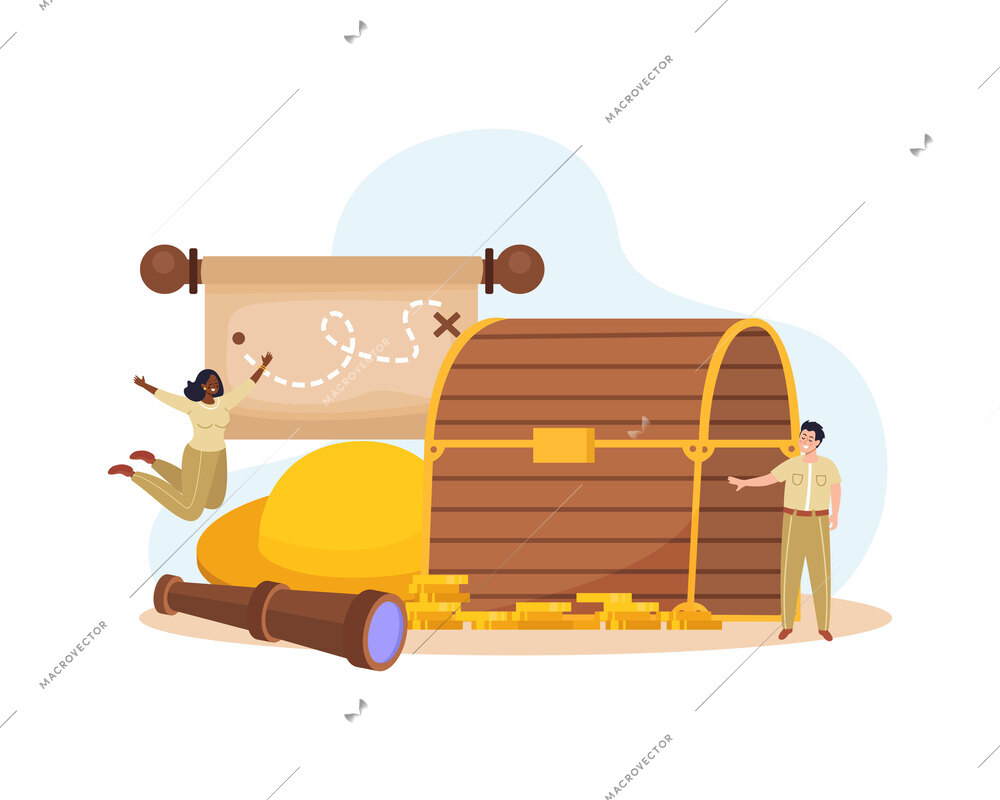 Flat treasure hunt background with wooden chest spyglass coins map and happy human characters vector illustration