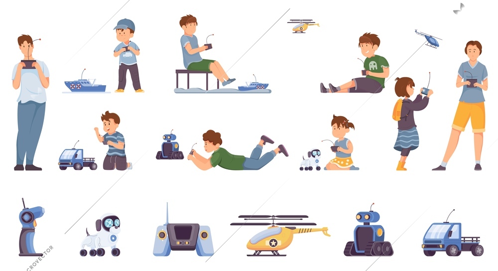 Flat set of adults and children playing with various controlled robotic toys isolated against white background vector illustration