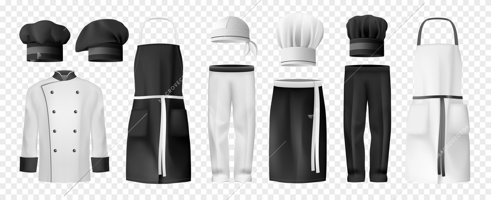 Realistic culinary clothing transparent icon set black and white tunic hats chef aprons pants vector illustration