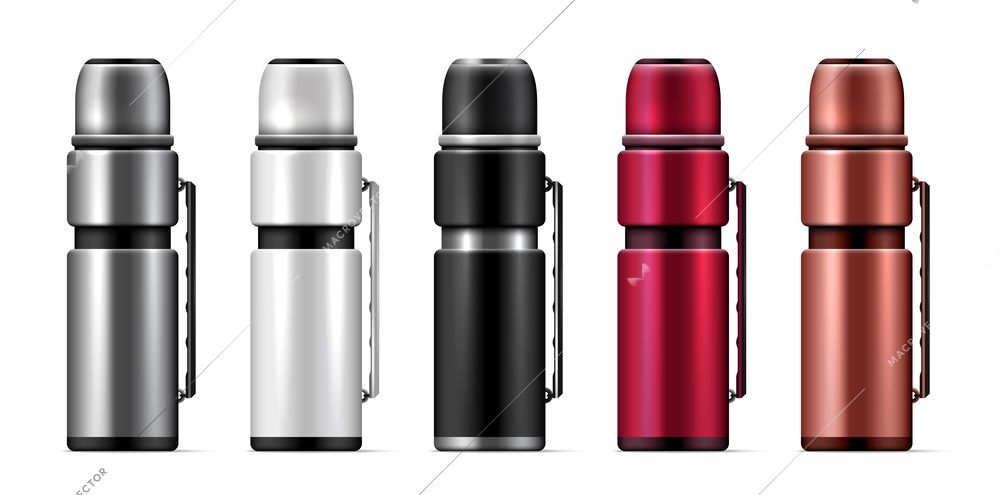 Realistic isolated thermos icon set silver white black red bronze metallized thermoses vector illustration