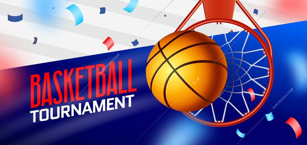 Realistic sport basketball poster with big headline a ball falling into a basketball hoop vector illustration