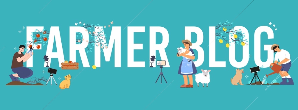 Farmer blog flat text composition with views of gardening people shooting themselves with cameras on tripod vector illustration