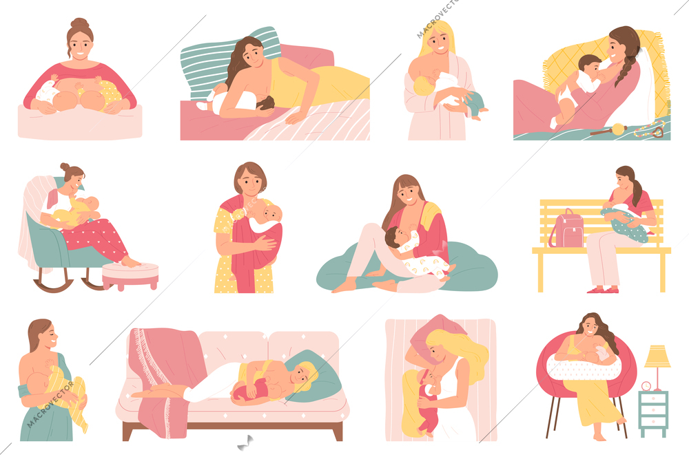 Breastfeeding icon set vector women feed their children standing up, on the couch on the bed sitting on special cushions illustration