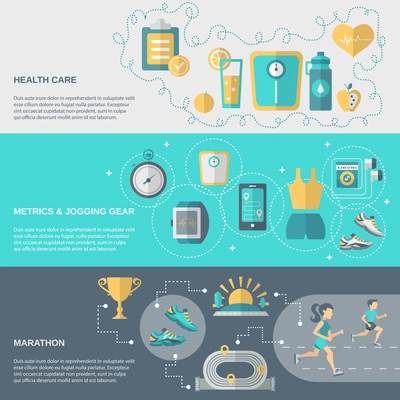 Jogging banner horizontal set with health care metrics marathon elements isolated vector illustration