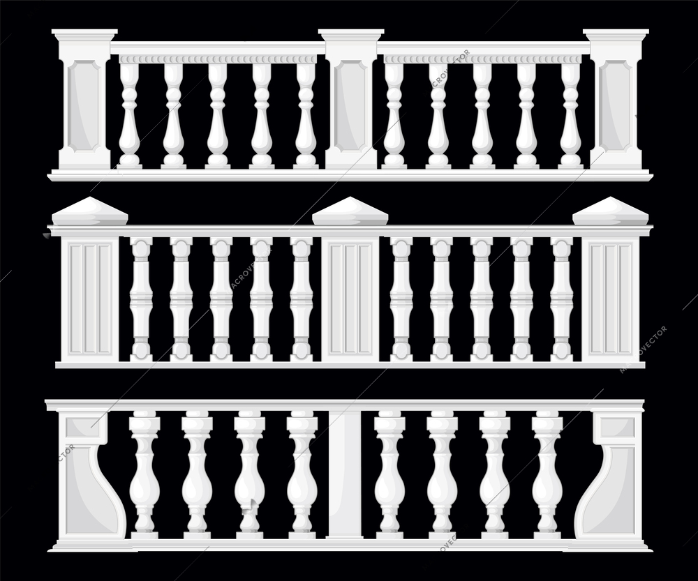 Balusters set with three isolated views of classic white stone fence with ornate columns on black vector illustration