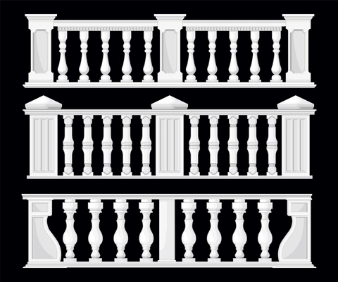 Balusters set with three isolated views of classic white stone fence with ornate columns on black vector illustration
