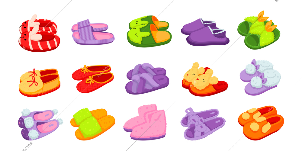 Set of soft fluffy house slippers of different color isolated on white background flat vector illustration