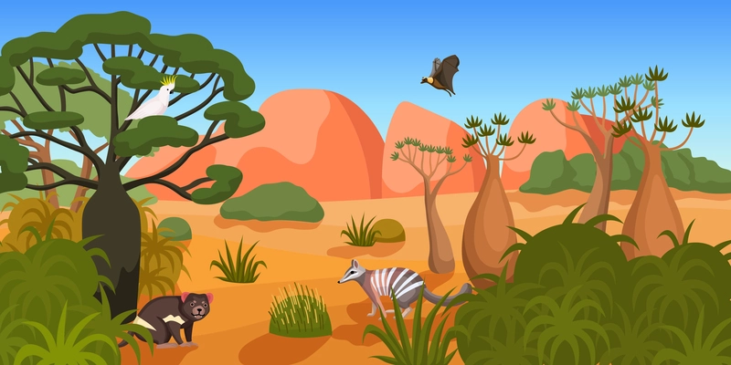 Australian wildlife landscape with animals and birds among tropical trees and plants flat vector illustration