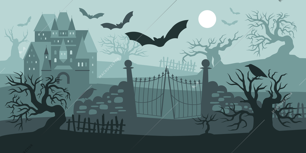 Night gothic halloween landscape with spooky trees silhouettes old gate flying bats and castle flat vector illustration