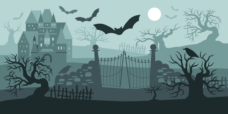 Night gothic halloween landscape with spooky trees silhouettes old gate flying bats and castle flat vector illustration