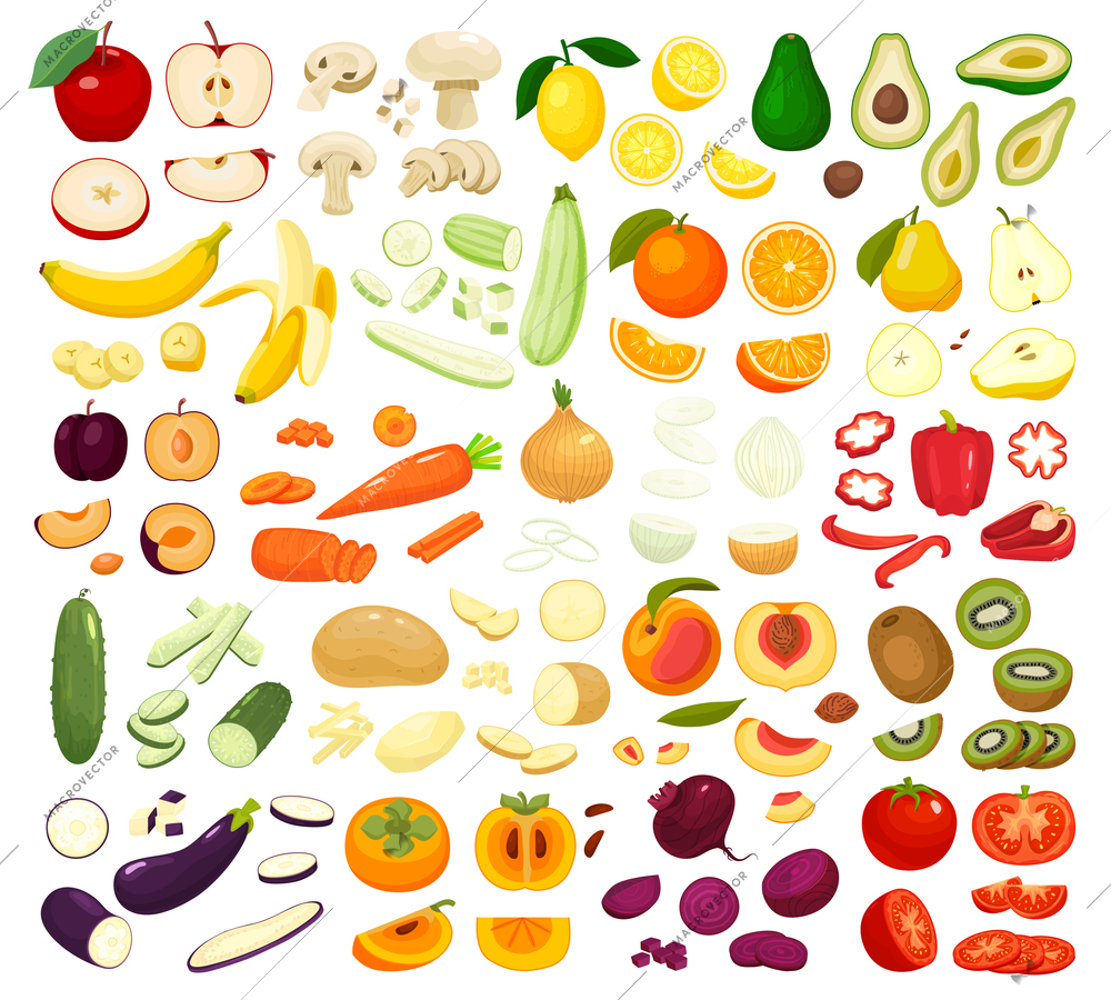 Big set of flat whole and sliced fresh fruits and vegetables with carrot tomato lemon avocado apple banana peach isolated vector illustration