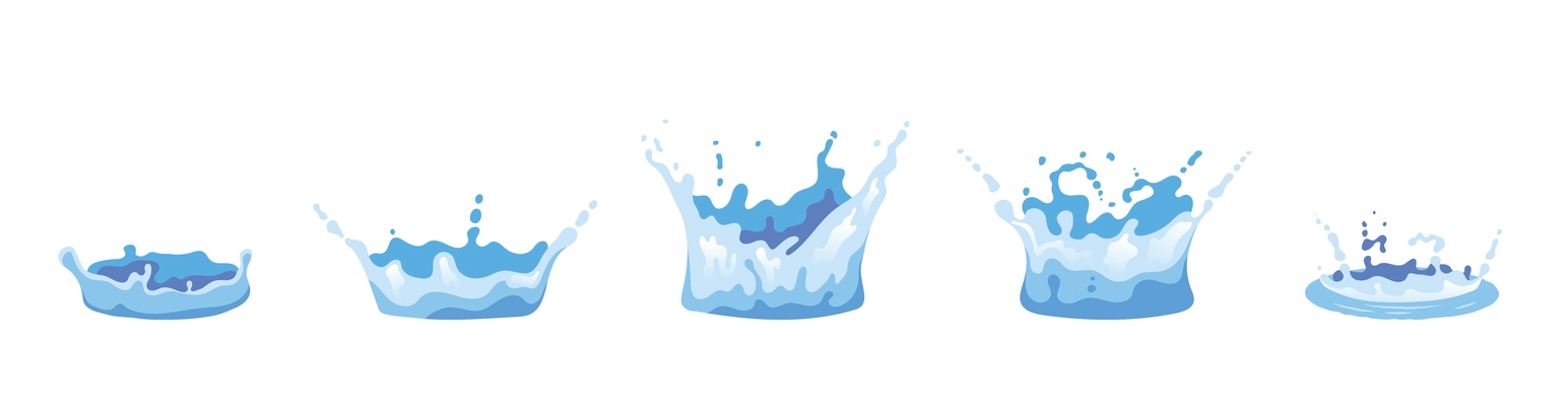 Five isolated and colored pouring water splashes realistic and flat blue icon set vector illustration
