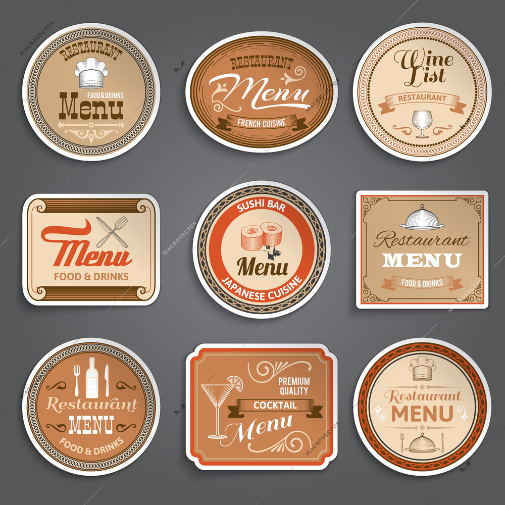 Vintage restaurant menu paper labels design template set isolated vector illustration