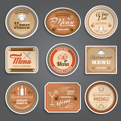 Vintage restaurant menu paper labels design template set isolated vector illustration