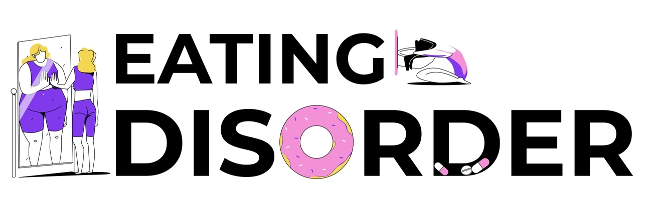 Eating disorder flat text composition with pink donut instead of letter and doodle style human characters vector illustration