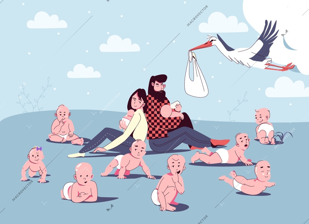 Baby drawing composition with outdoor scenery and young parents surrounded by infants with flying crane bird vector illustration