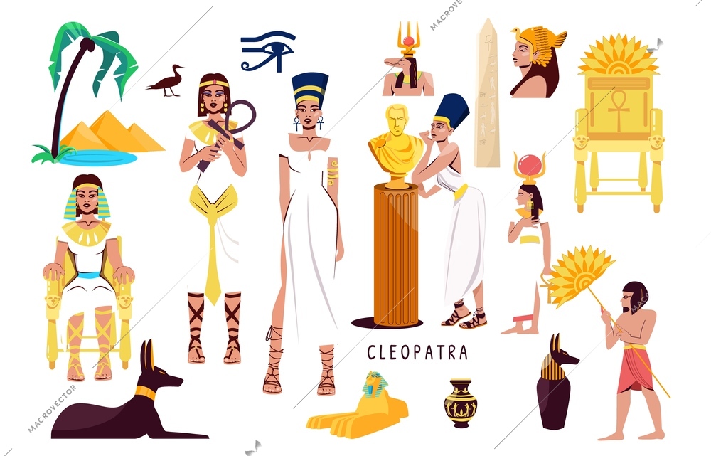 Cleopatra flat set of cultural symbols of ancient egypt so as obelisk all seeing eye gods isolated vector illustration
