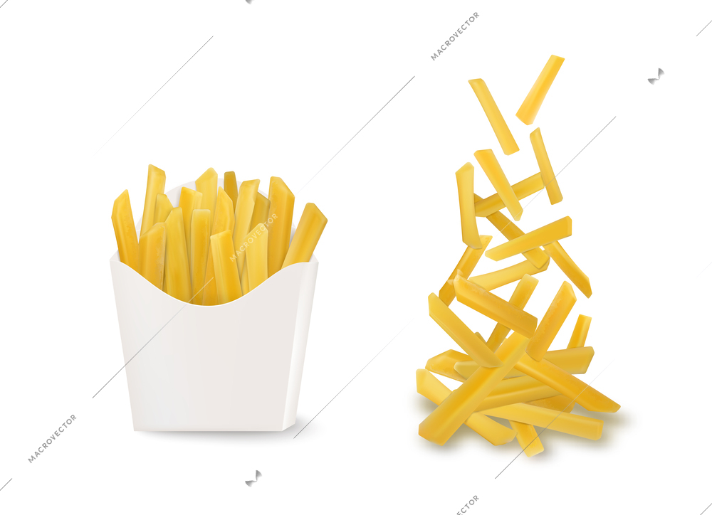 Fried potatoes realistic set of isolated images with falling french fries and packed into cardboard cup vector illustration