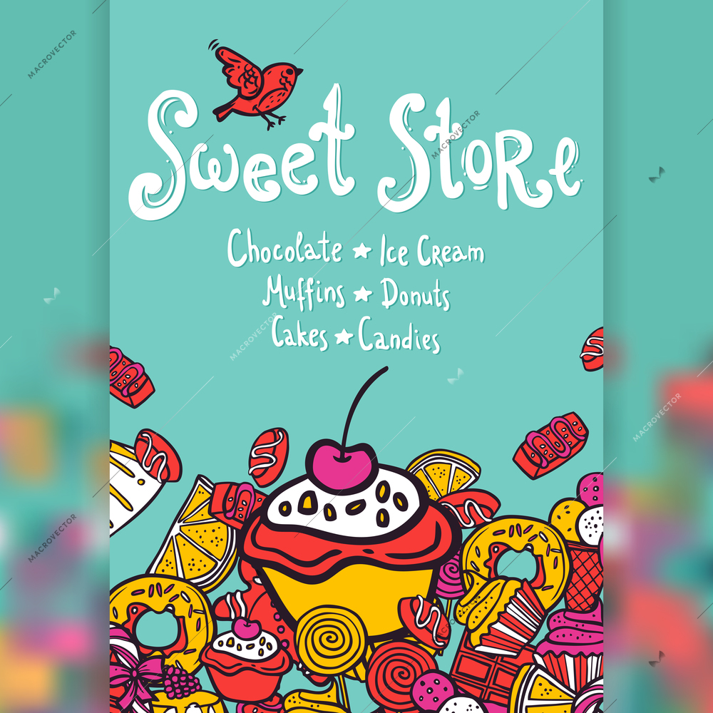 Sweet store with chocolate ice cream muffins donuts cakes and candies background vector illustration