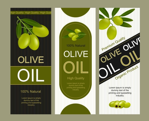 Olives labels realistic set with three vertical stickers for bottles with editable text and olive images vector illustration