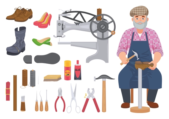 Shoes repairing service flat set with isolated icons of boots cobbler with tools and sewing machine vector illustration