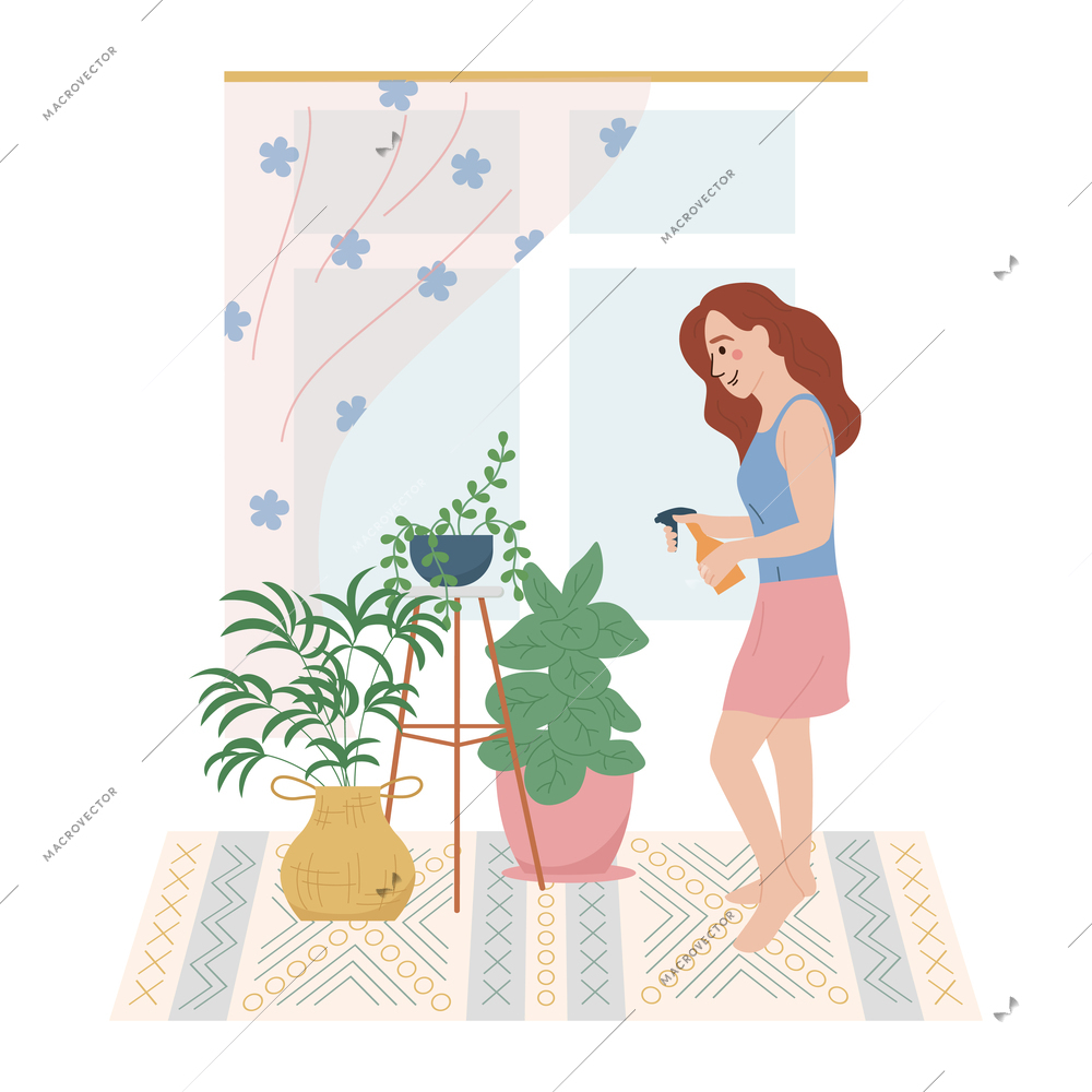 Lagom life flat background with indoor living room scenery with window and woman watering home plants vector illustration