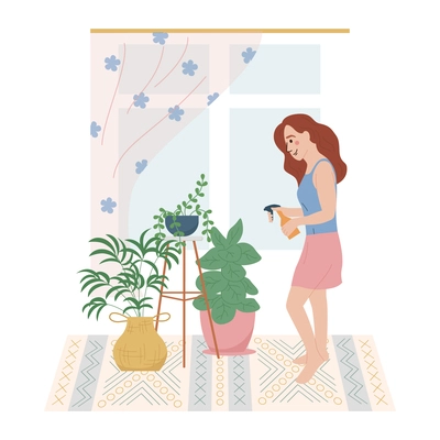 Lagom life flat background with indoor living room scenery with window and woman watering home plants vector illustration